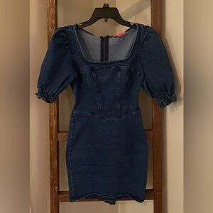 Chic Denim Midi Dress with Puff Sleeves